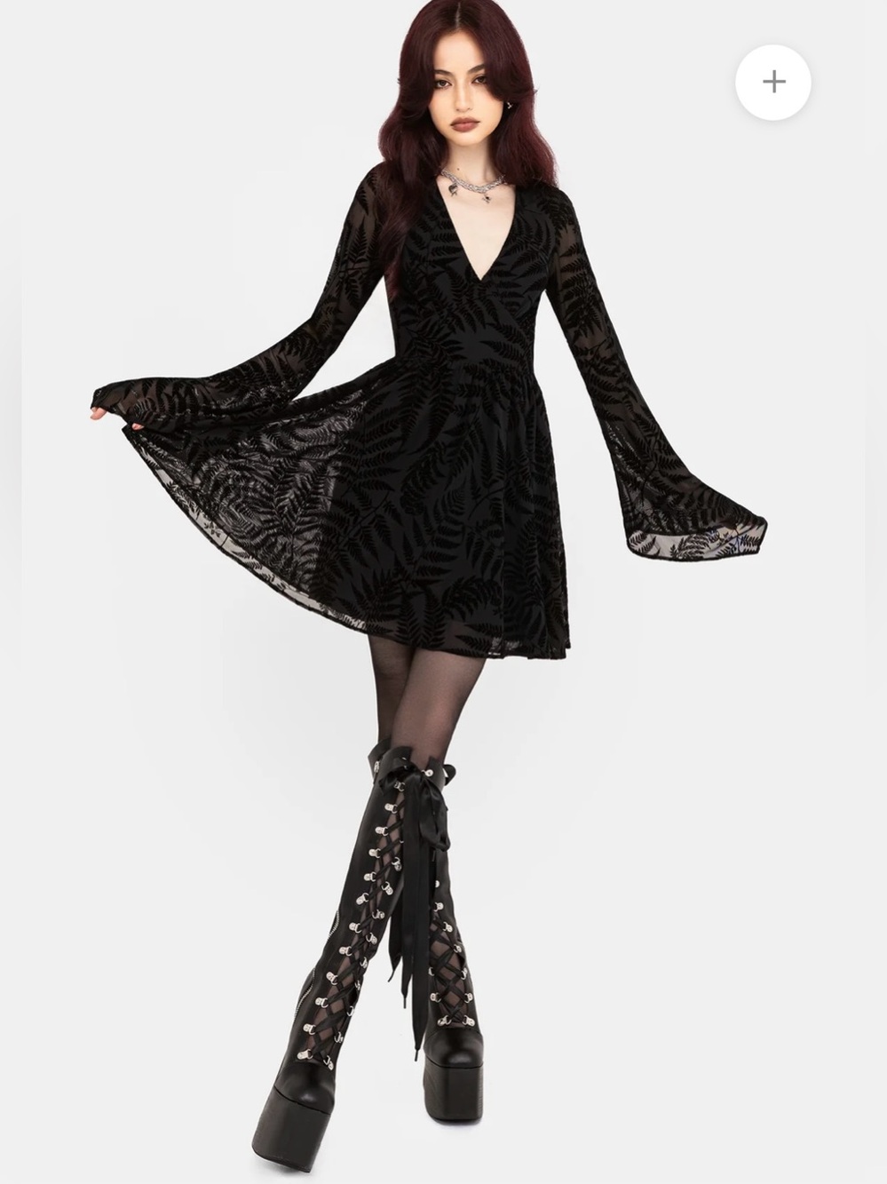 NWT Disturbia Lunafern Fern Leaf Flocked Mesh Flute Sleeve Black Mini Dress Sz 6 - Picture 6 of 13